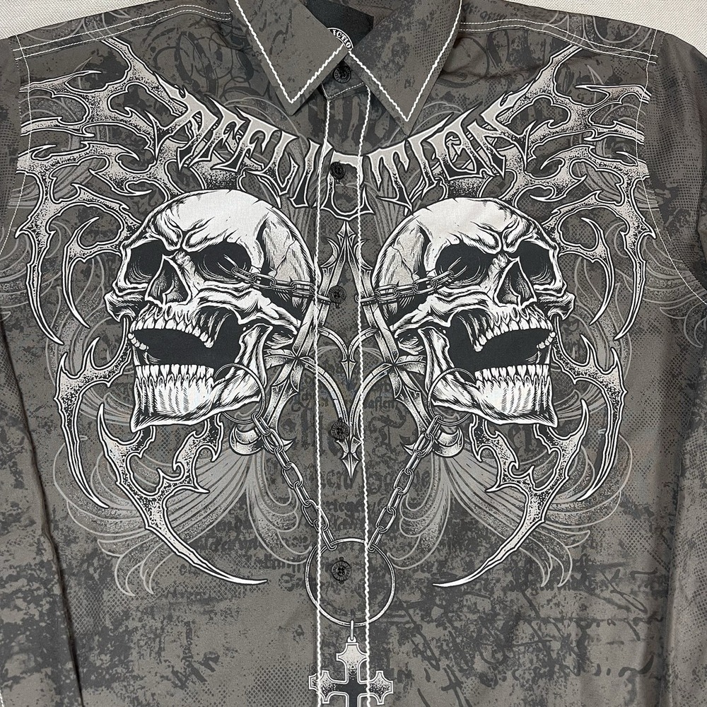 Affliction Live Fast Button Shirt Mens M Skull Cross Grunge Stretch Material - Picture 2 of 8